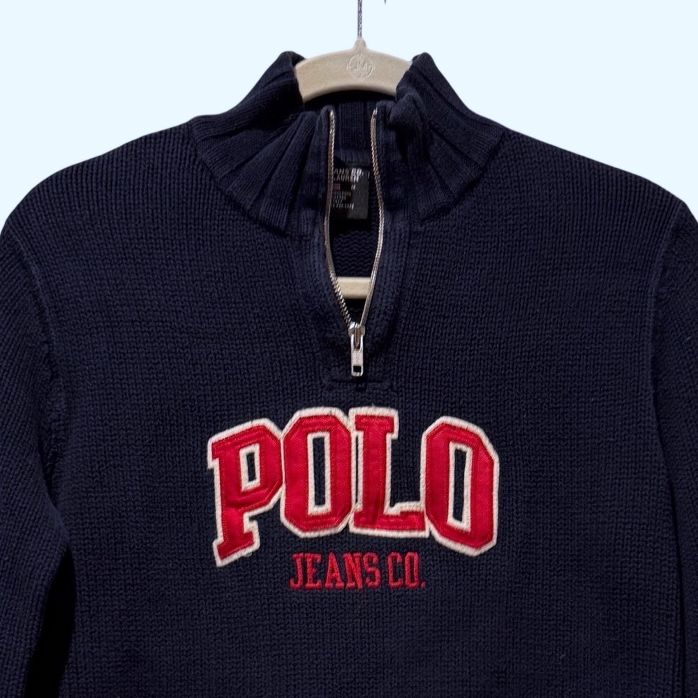 Polo Jeans Co Ralph Lauren Boys M Navy Blue 1/4 Zip Cotton Shaker Knit Sweater